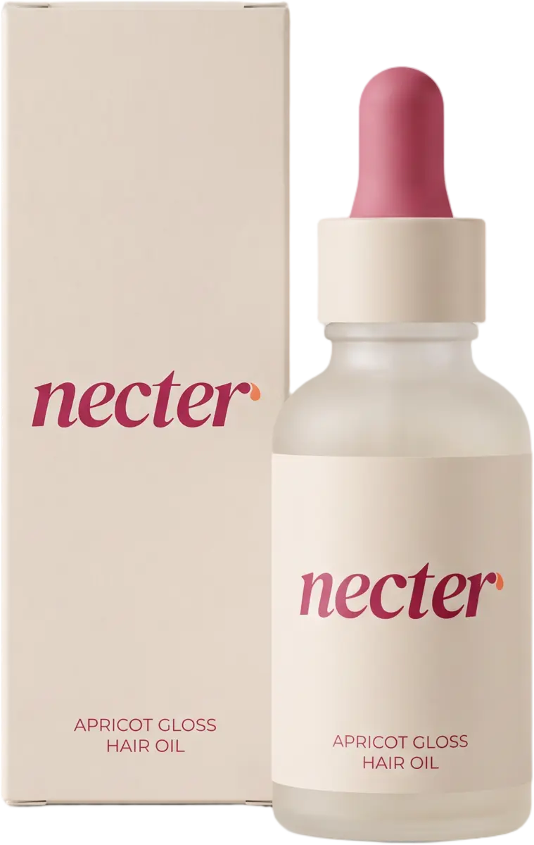 necter Apricot Gloss Hair Oil: a cream frosted dropper bottle with a raspberry bulb, in front of its cream carton